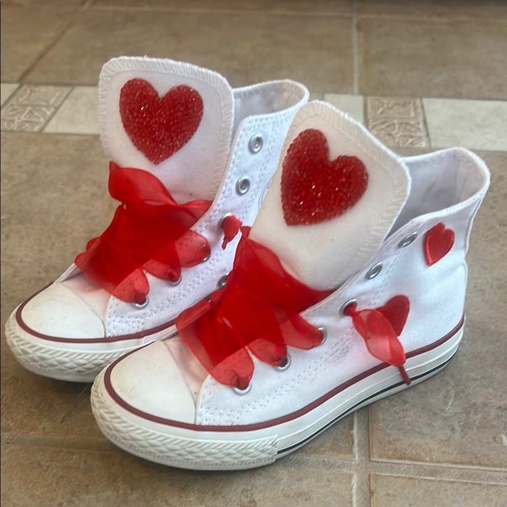White and Red Heart High-Top Sneakers
